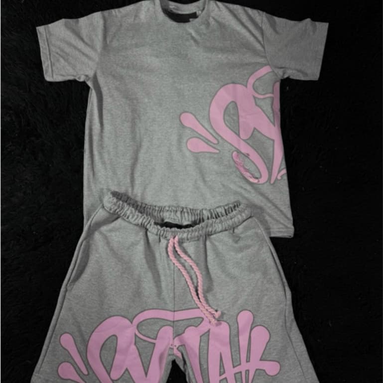 Conjunto Unissex Streetwear Syna Y2K Cinza com Rosa Hip Hop Estilo De Rua