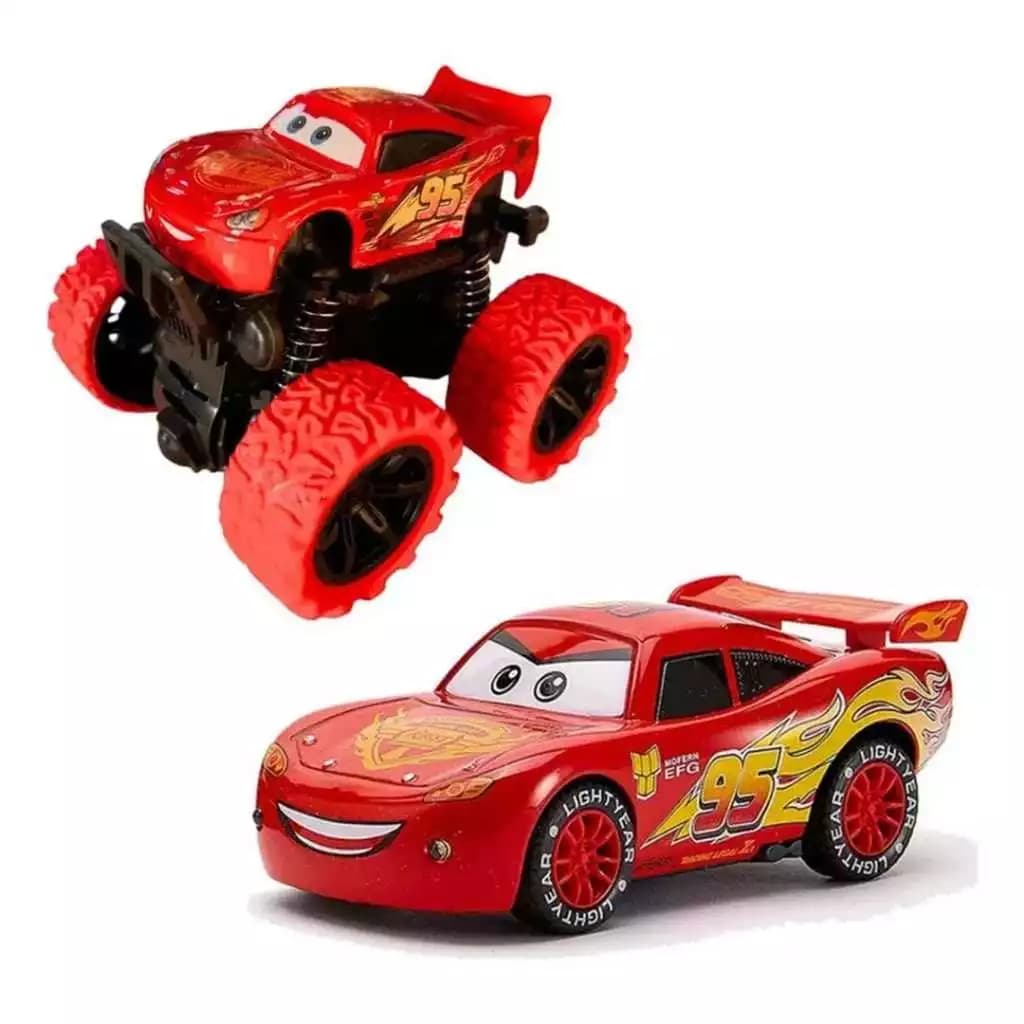 Kit 2 Carrinhos Relâmpago McQueen De Fricção Rodas Em Borracha Cor Vermelho On-Road Off-Road