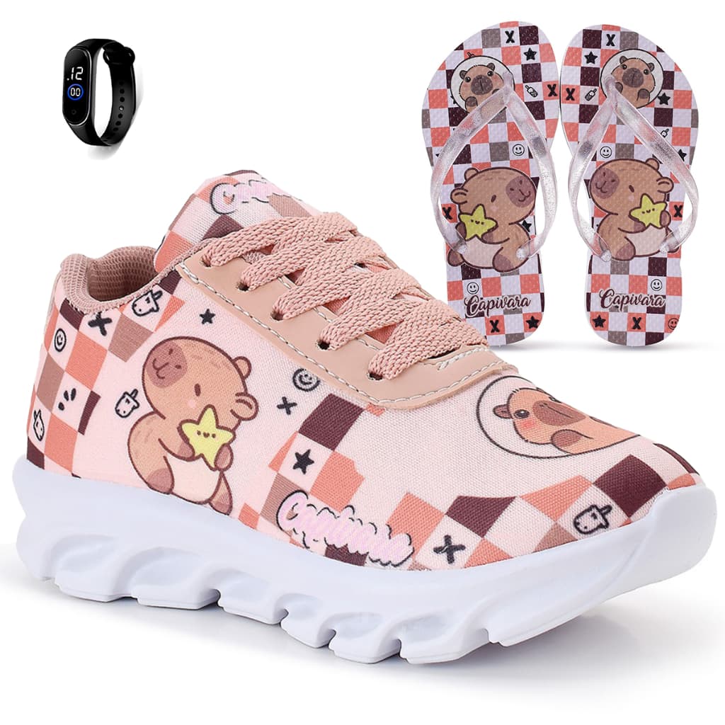 Kit Tênis Infantil Capivara Menina Casual + Chinelo + Relógio Panfy Kids