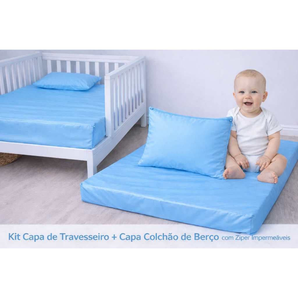 Kit Capa de Colchão Berço Impermeável com Zíper +1 Fronha para Travesseiro Forro Protetor para Berço a prova de Agua