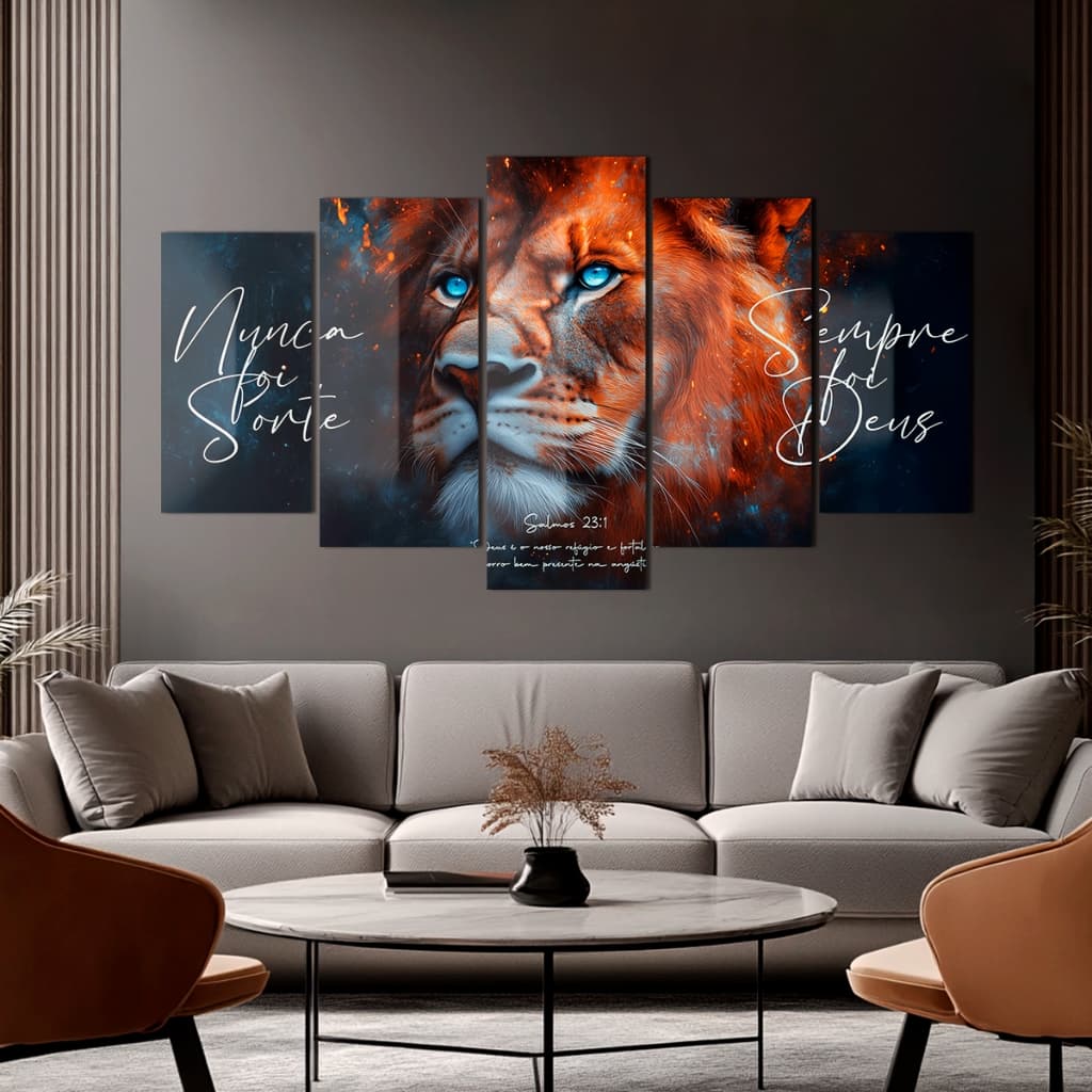 Quadro Mosaico 5 Peças Leão de Judá Olhar de Cristal Luxo