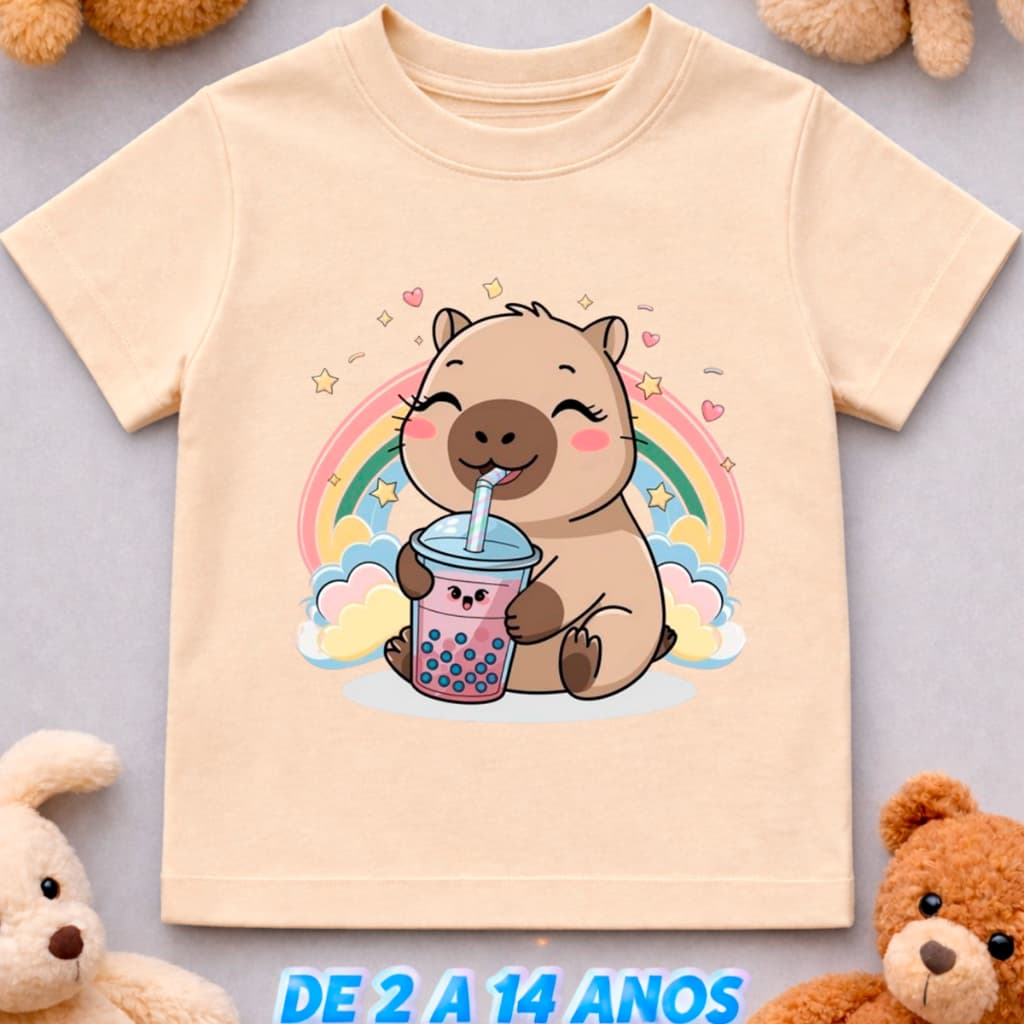Camiseta Infantil Juvenil Capivara Copinho Arco Íris Algodão Conforto Diário Menina Unissex