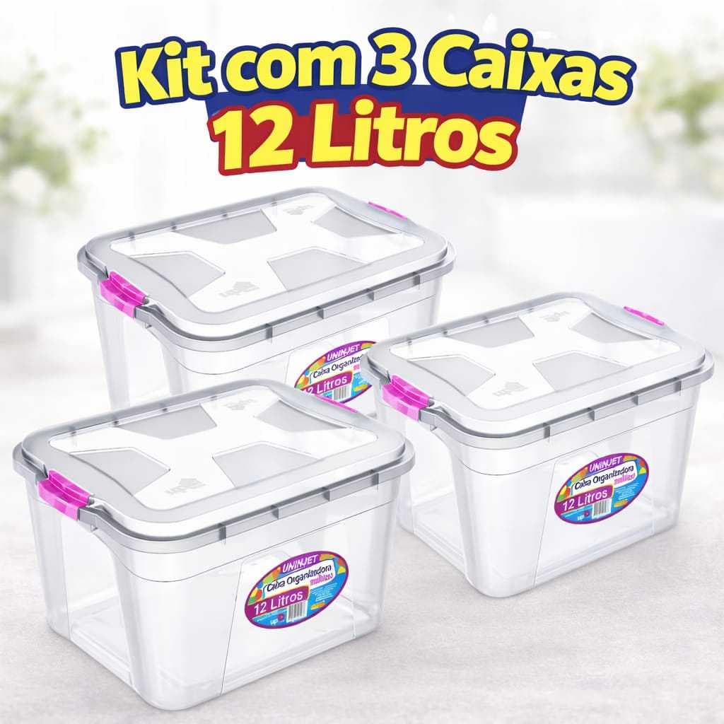 Kit Com 3 Caixas Organizadoras 12 Litros Transparentes Com Tampa E Travas Segura Pratica Multiuso Resistente Organização