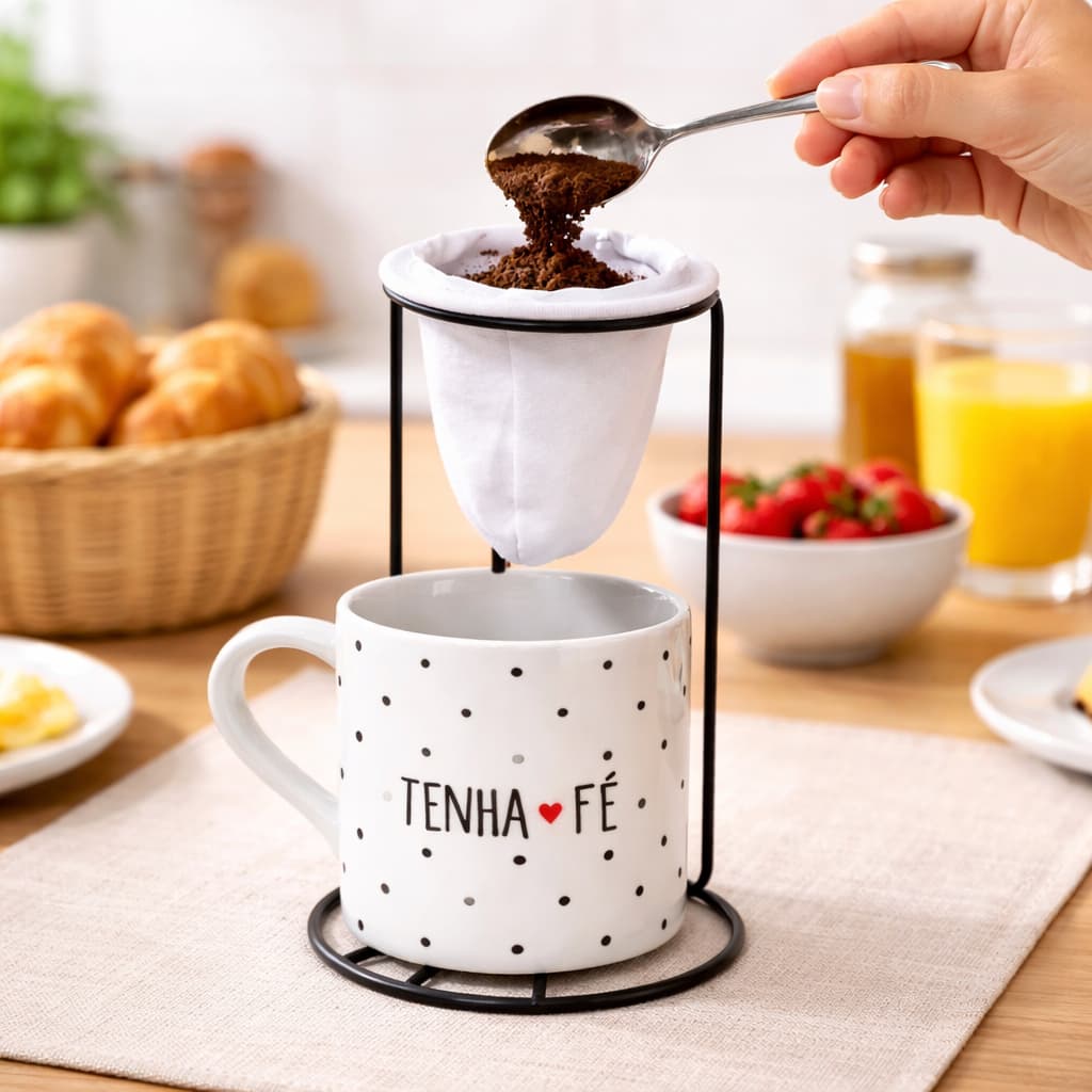 Kit Xícara de Porcelana Reta 300ml Tenha Fè + Suporte com Coador de Café e Chá