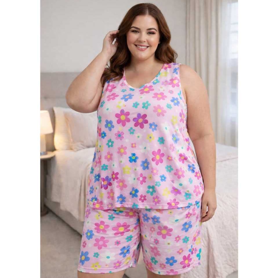 Pijama Plus Size sem Personagem com Alça mais grossa e short mais logo