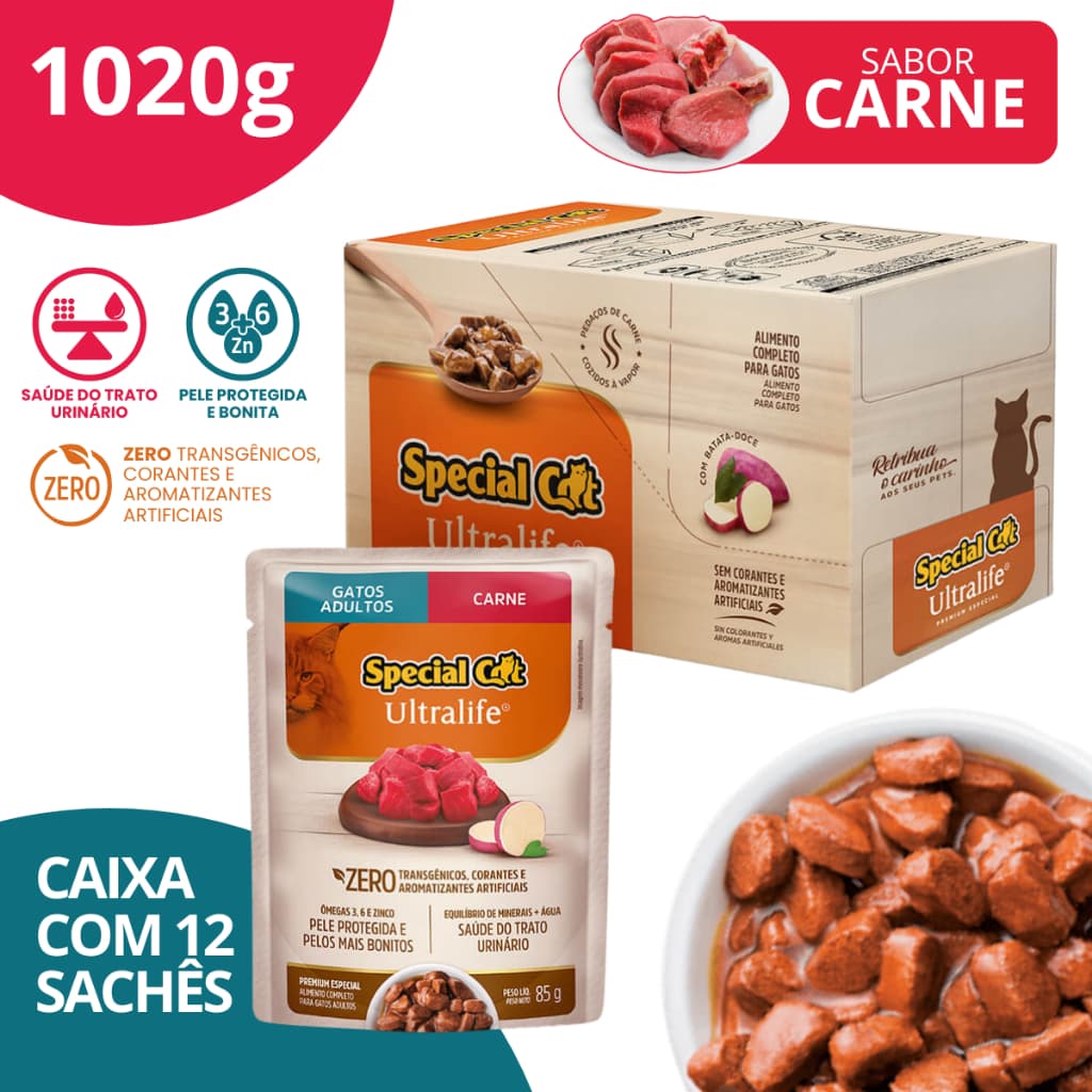 Caixa 12 Special Cat Ultralife Sachê Adultos Sabor Carne - 85g