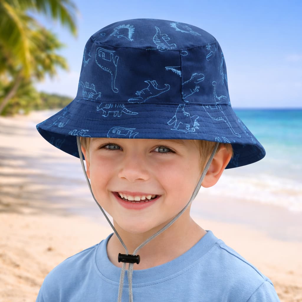 Chapéu Dinossauro de praia Infantil UV Bucket Infantil Chapéu de praia masculino com Cordinha