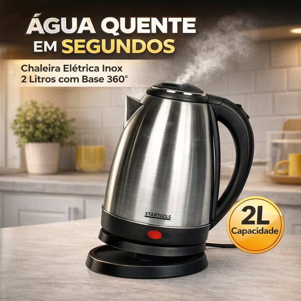 Chaleira Elétrica Inox 2L com Base 360° Fervura Rápida Desligamento Automático 127V ou 220V
