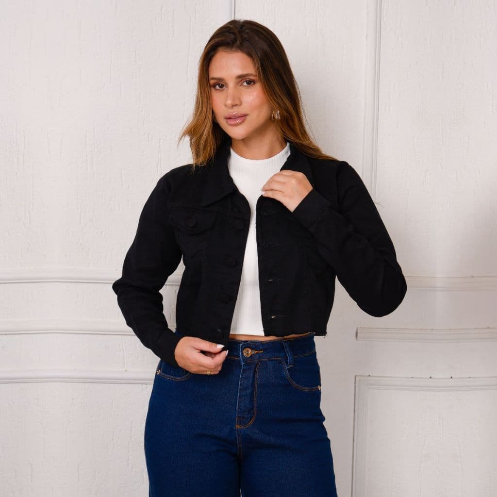 Jaqueta Cropped Jeans 100% Black Com Estilo Curto Premium de Botões Envelopados
