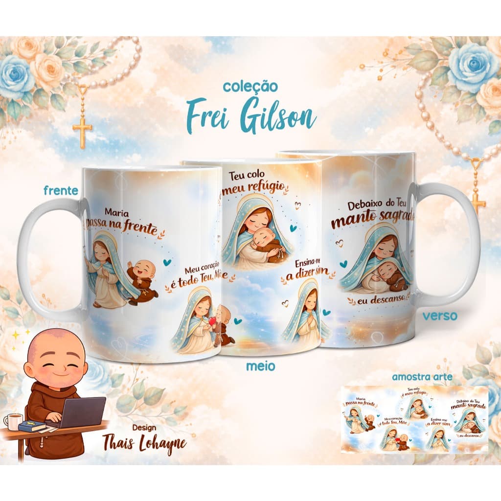 Caneca quaresma Frei Gilson - cerâmica - Nossa Senhora - colo de Deus - religiosa - Páscoa