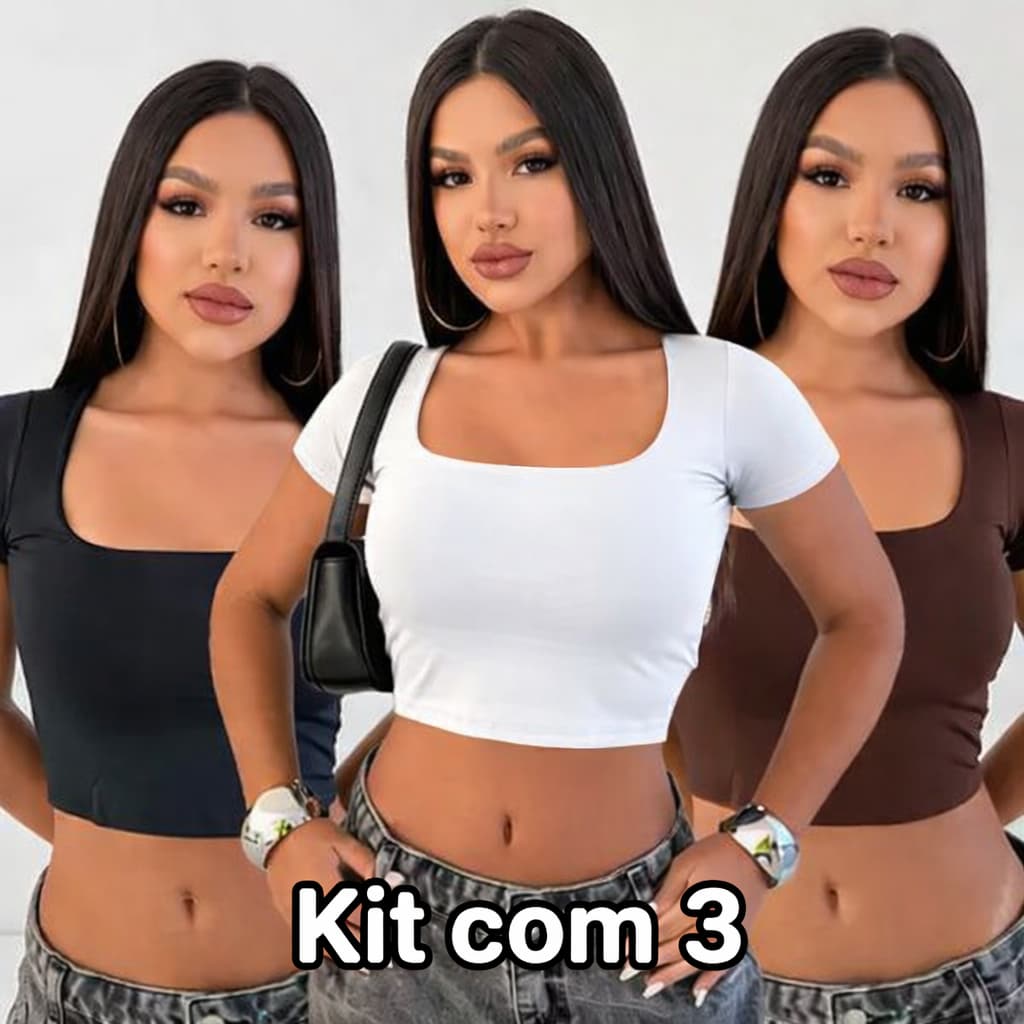 Kit 3 Cropped Decote Gola Quadrada Feminino Manga Curta Básico Suplex Tamanho Unico