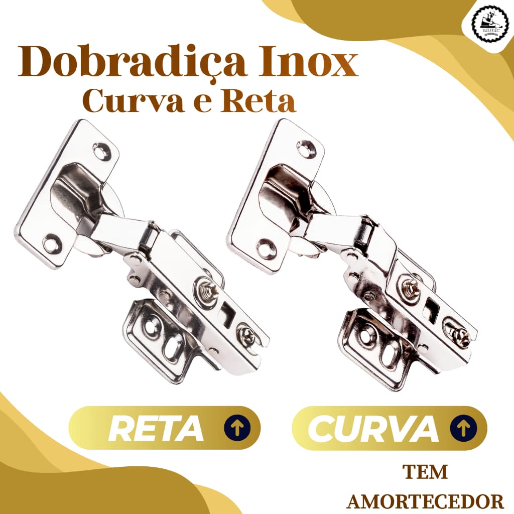 Kit Dobradiça Inox 35mm Com Amortecedor Reta Ou Curva 2 4 6 8 10 Unidades Para Porta De Armario