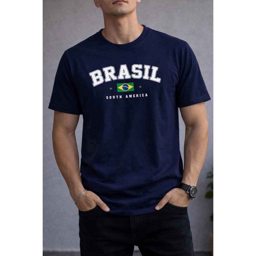 Camiseta Brasil Masculina Azul Estilo Retrô Vintage Copa do Mundo Futebol Streetwear