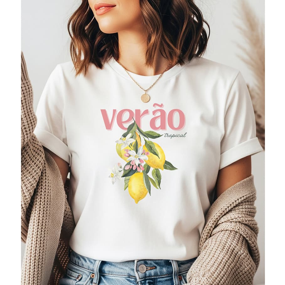 Camiseta Feminina Algodão Camisa Premium Estampada Tropical Verão Confortável Casual Moderna