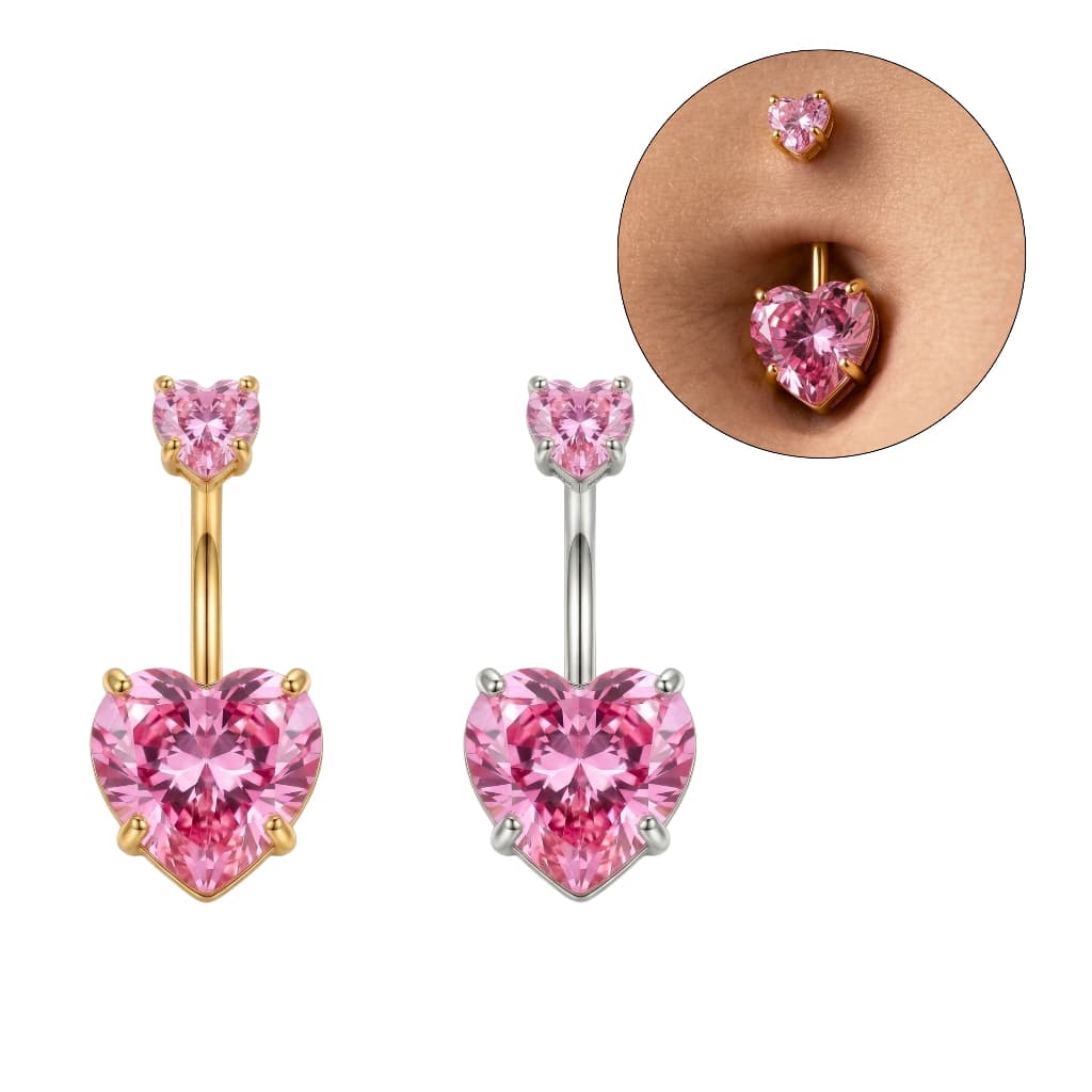 Piercing Umbigo Ponto de Luz Duplo Zircônia  Rosa Coração Hipoalergênico Aço Cirúrgico Acessórios Femininos