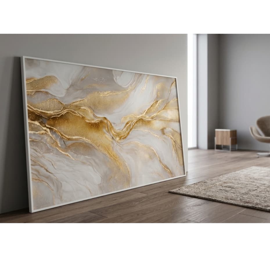 Quadro Decorativo Sala Abstrato Dourado 90x60 cm com Vidro 3mm e Moldura Premium – Arte Moderna