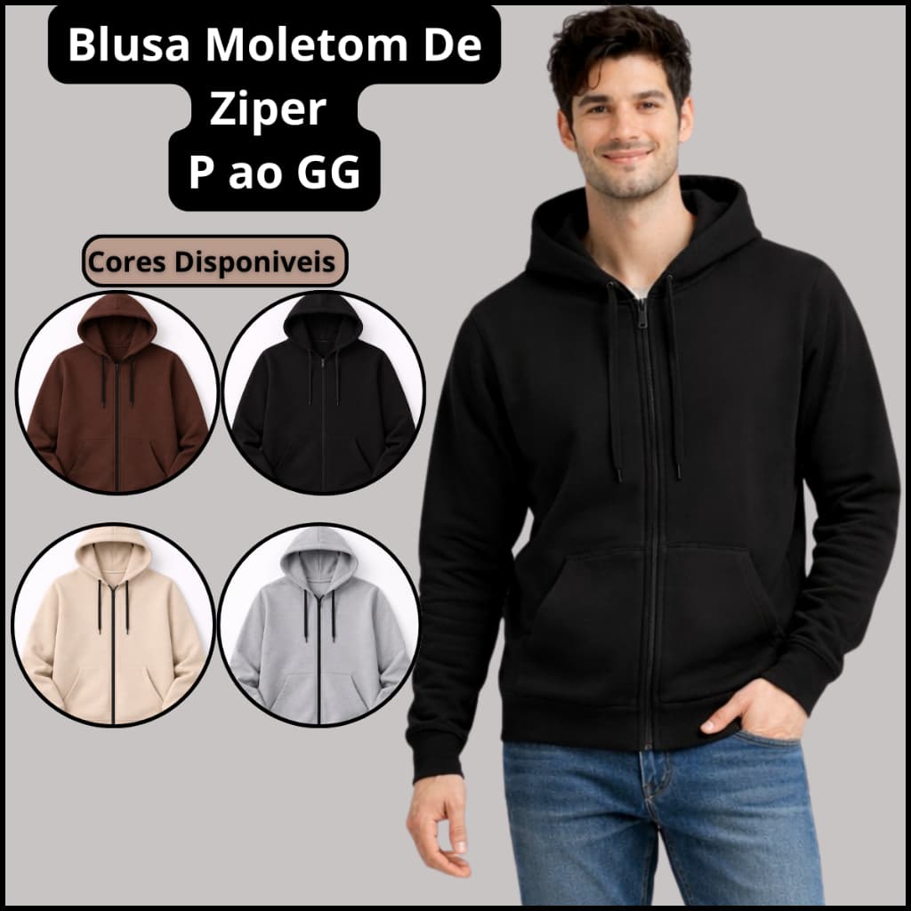 Blusa Moletom Masculino Casual Para Frio com Jaqueta Ziper Capuz e Bolsos P Ao GG