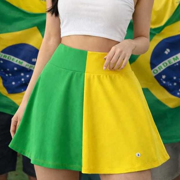 MINI SAIA BRASIL FEMININA SUPLEX SAIA VERDE AMARELA TORCIDA LOOK COPA BRASIL