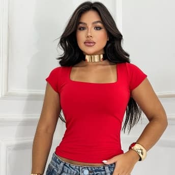 Blusinha Camiseta Manga Curta Decote Quadrado Suplex Baby Tee Moda Básica