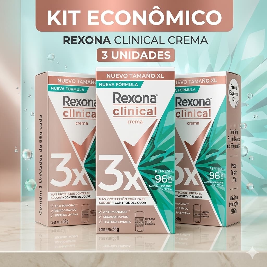 Kit c/3 Desodorante Antitranspirante Creme Rexona Clinical Refresh 96h 58g