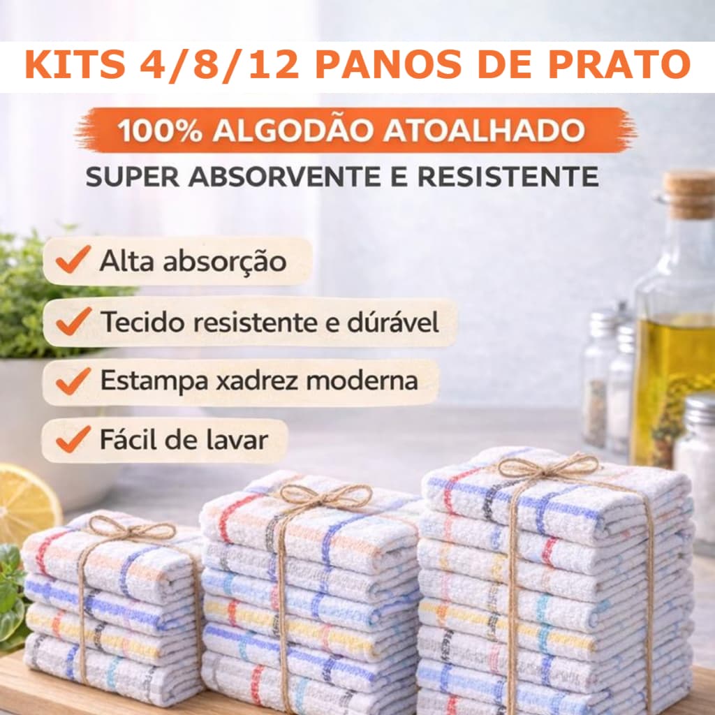 Kit 4/8/12 Panos de Prato Copa Xadrez Atoalhado Felpudo 41x65cm Alta Absorção Cozinha