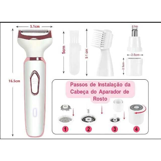 Kit Depilador Elétrico Feminino 4 em 1 New’Ion – Removedor de Pelos Facial, Nariz e Sobrancelha Profissional