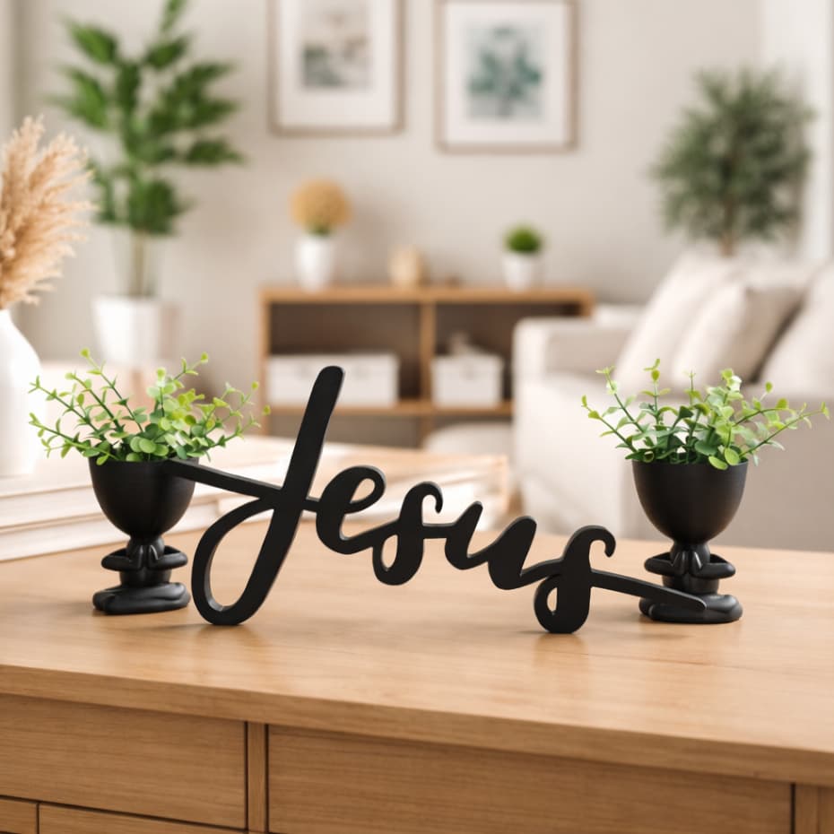Enfeite Letreiro Jesus Decorativo + 2 Vasinhos orando | Decoração Cristã para Sala, Escritório, Gabinete, Sala de Oração