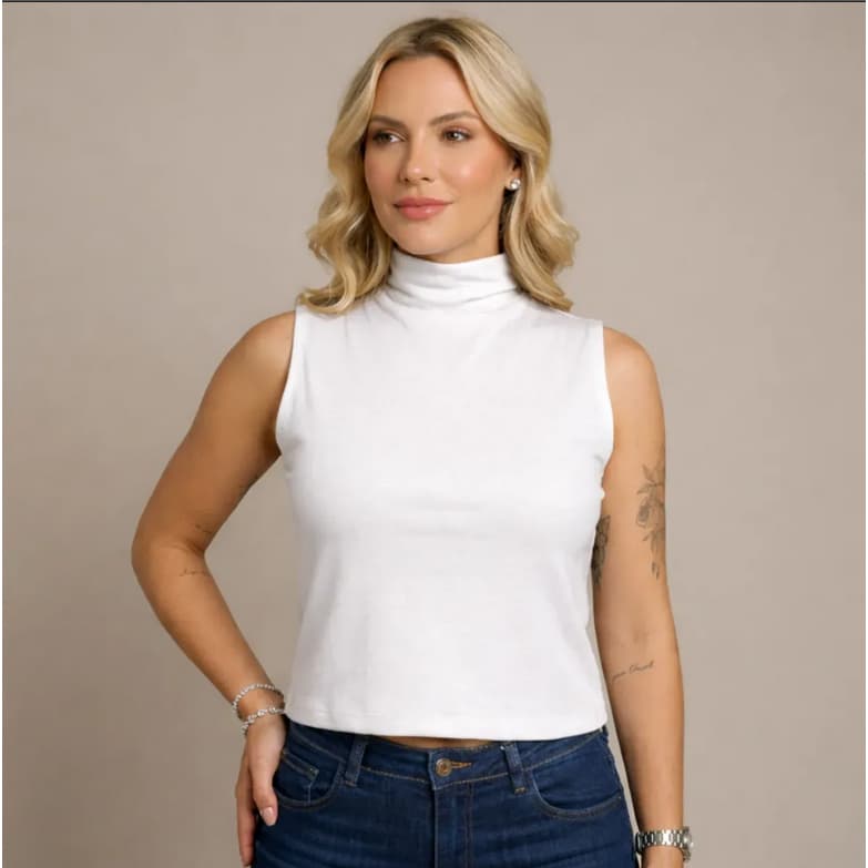 Blusa Sem Manga Gola Alta Textura Macia Modelagem Justa Moderna Top Stretch Soft Curve  KI
