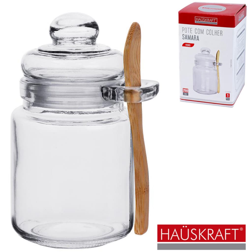 POTE DE VIDRO REDONDO COM ALCA + TAMPA HERMETICA DE VIDRO E COLHER DE BAMBU SAMARA HAUSKRAFT 250ML