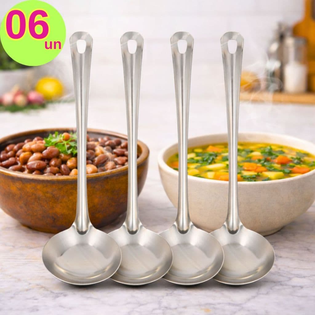Kit 6 Concha de Feijão Colher para Servir Caldos Sopas em Aço Inoxidável 23cm Profissional Cozinha
