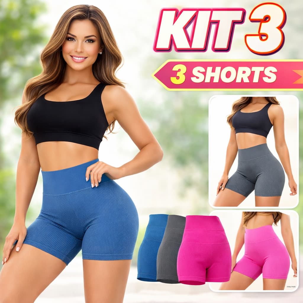 Kit 3 Short Feminino Academia Fitness Canelado Sem Costura Cintura Alta