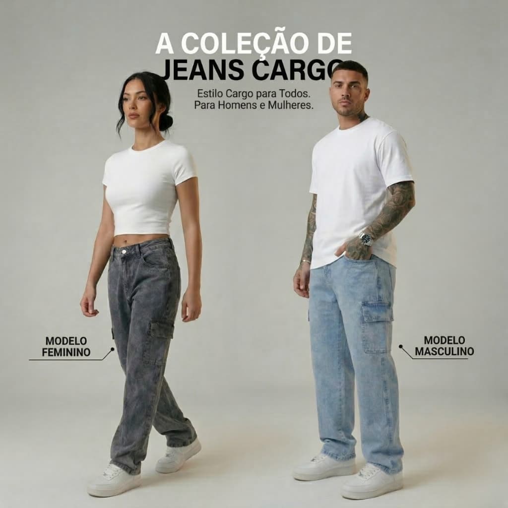Calça Jeans Cargo Unissex Masculina Feminina Larga Streetwear Com Bolsos Premium