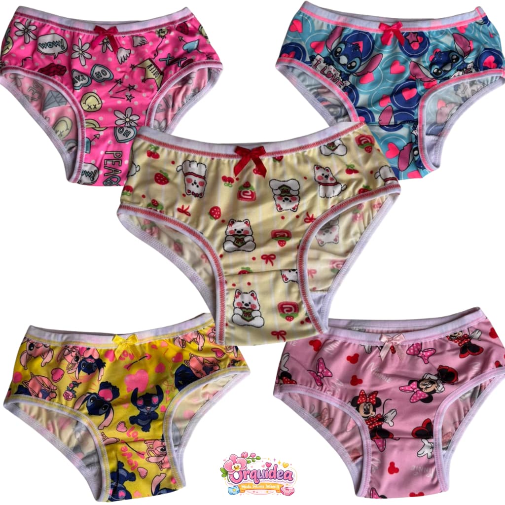 Kit 5 Calcinhas Combo Infantis para Menina Estampas Divertidas Estampada e Tecido Confortável