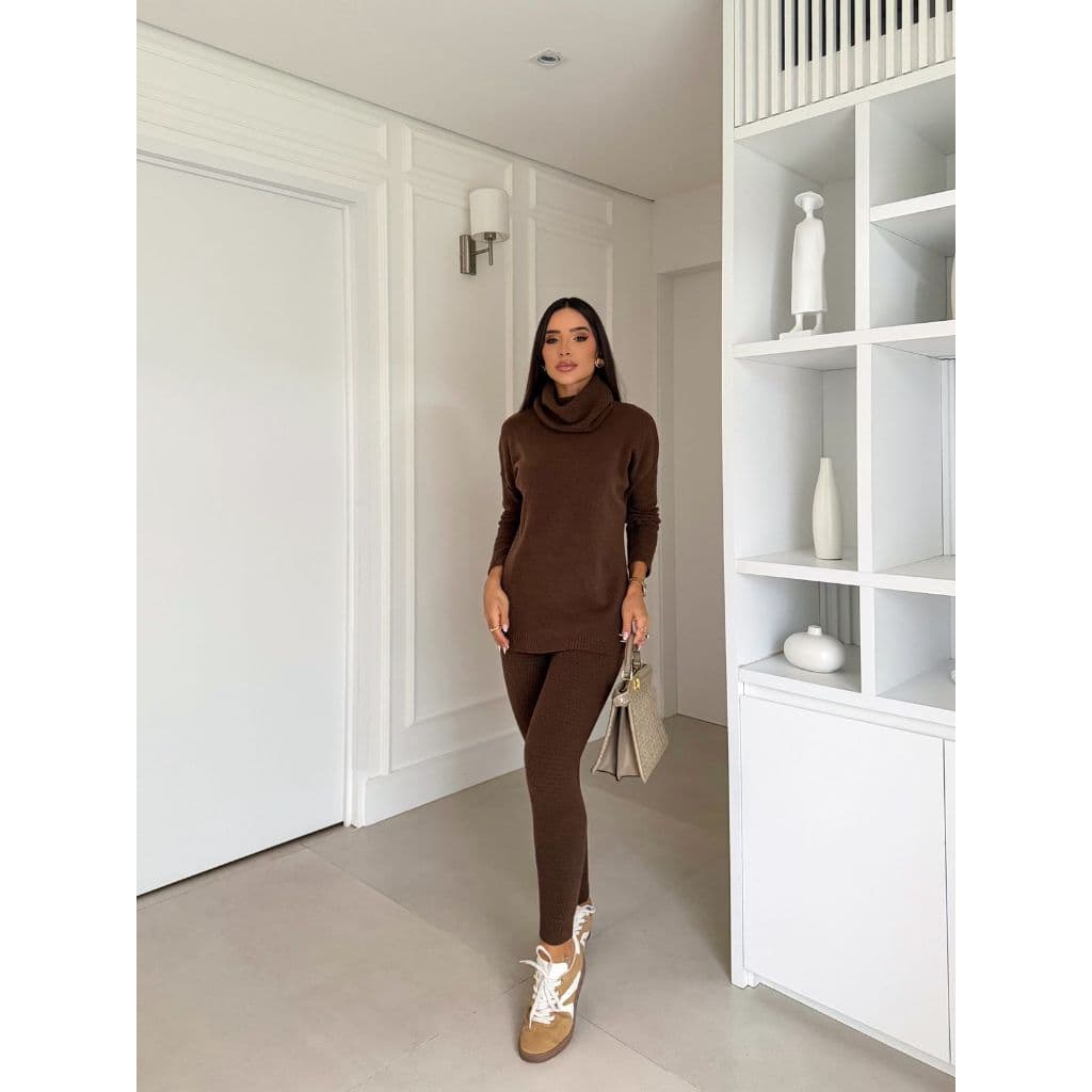Conjunto Trico Blusa E Calça Feminino Blusa Manga Longa Gola Alta Outuno Inverno Croche
