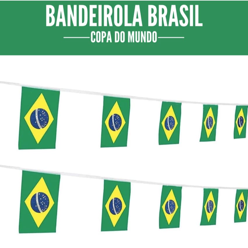 Kit com 3 Bandeirolas Brasil 10 metros Plástico Copa do Mundo Varal de Bandeira Festa Decoração C/10 Bandeiras 20x30