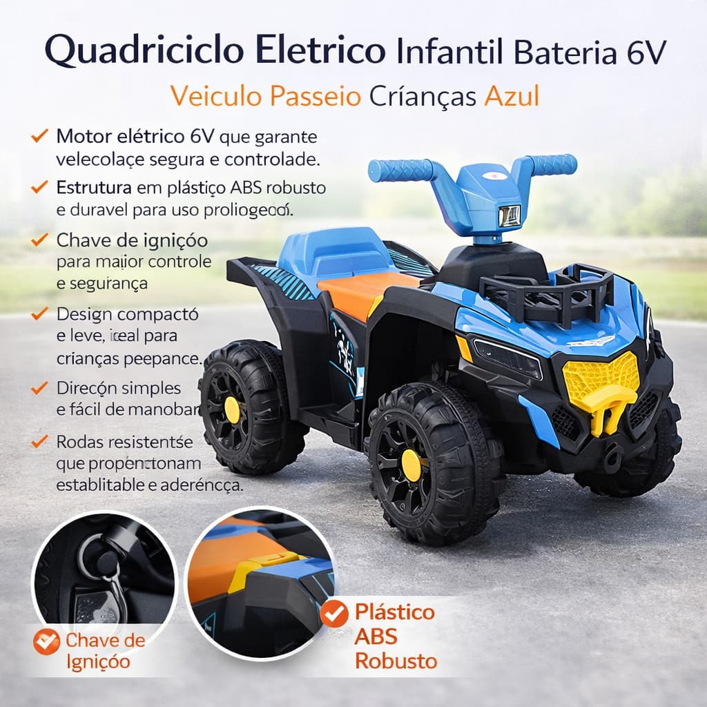 Carrinho Quadriciclo Eletrico Infantil Bateria 6V Veiculo Passeio Crianças Azul