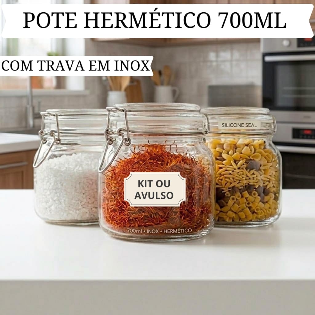 Pote de Vidro Avulso ou Kit com Trava de Inox 700ML Hermético Vidro Resistente
