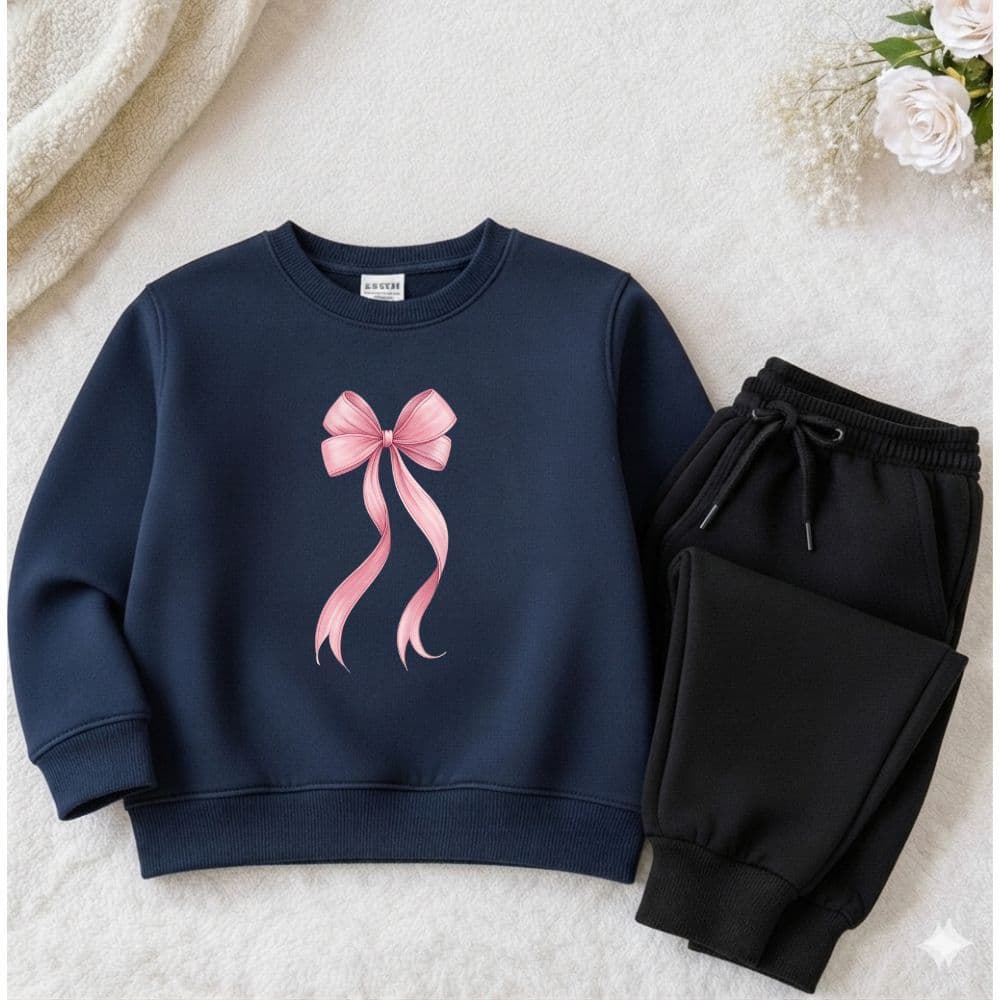 Conjunto moletom juvenil e infantil meninas laço rosa blusa gola careca e calça flanelado premium