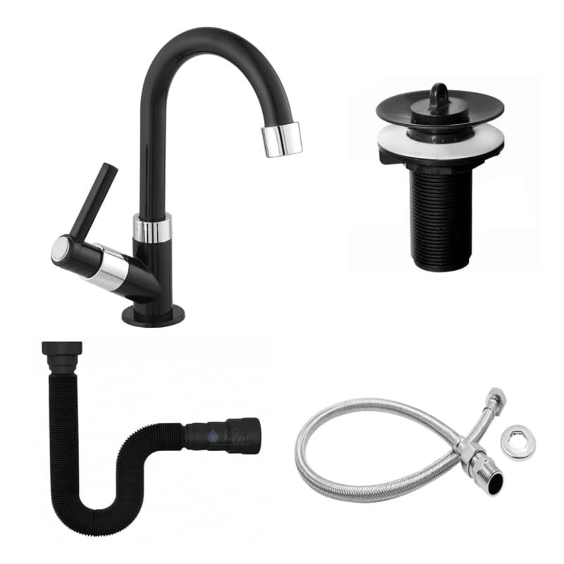 Kit Completo para Cuba de Banheiro Torneira Preta ABS, Válvula 7/8", Sifão e Engate Flexível 40cm.
