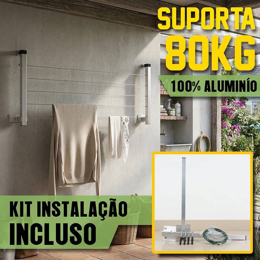 Varal Alumínio premium Reforçado Retrátil De Parede Para Roupas Suporta Até 80kg