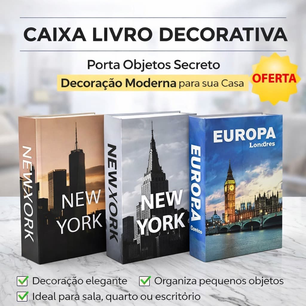 Kit 3 Caixa Livro Decorativo Livro Fake Porta Objetos Luxo Moderno Conjunto Dia das Mães