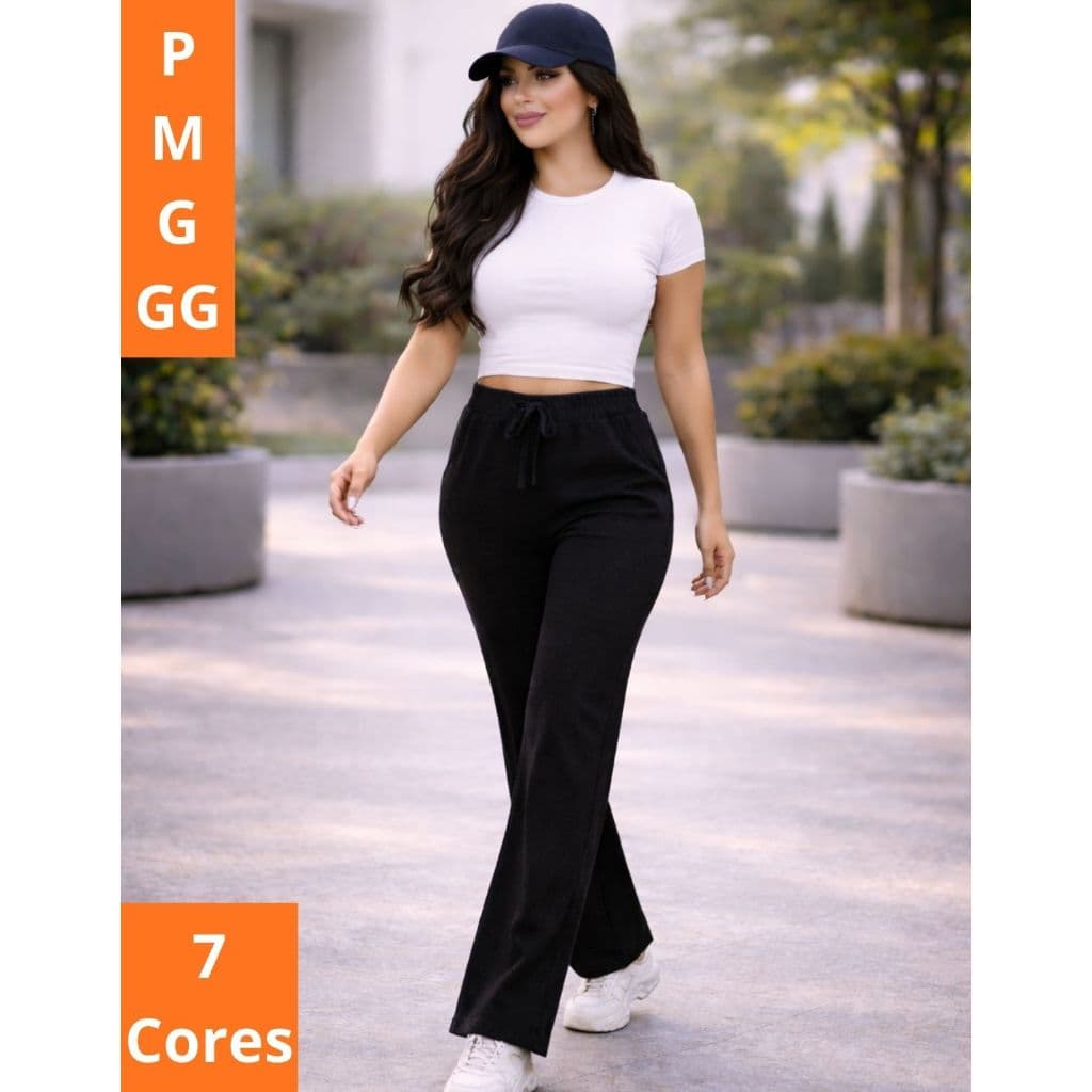 Calça Pantalona Feminina Casual Confortável com Bolsos e Elástico na Cintura P ao GG