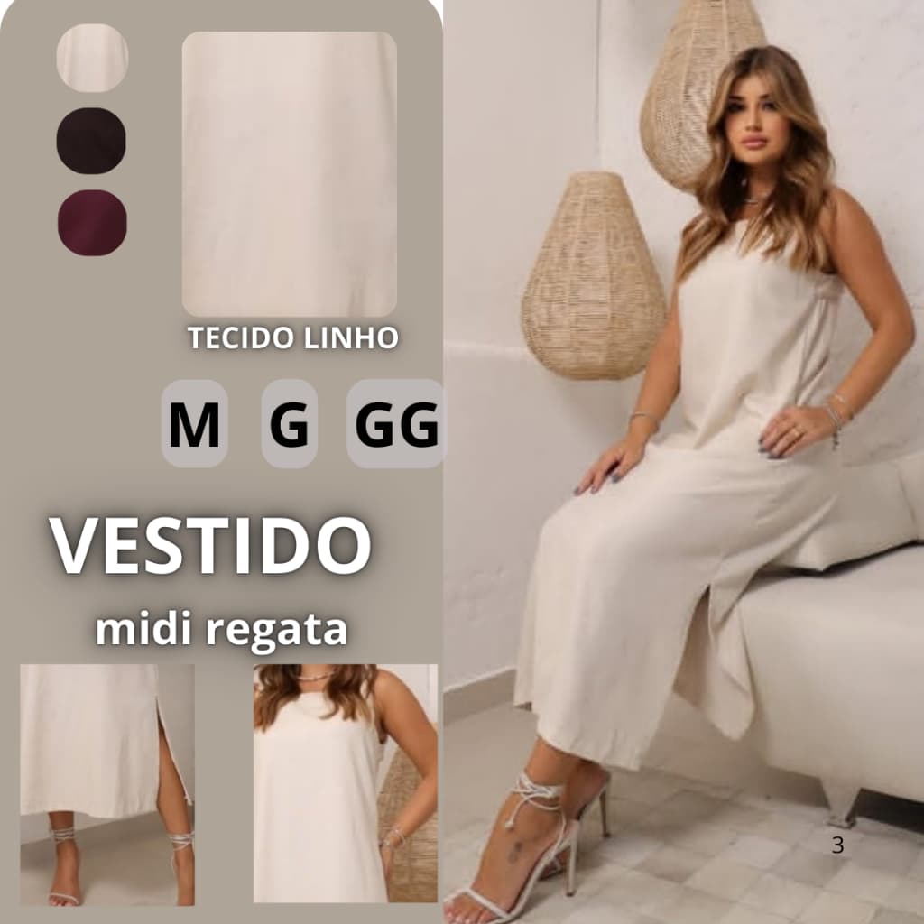 vestido midi regata / soltinho/ bolso lateral/forro interno/moderno feminino