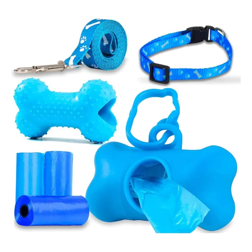 Kit Passeio Pet Azul com Cata Caca - Guia - Coleiro e Mordedor