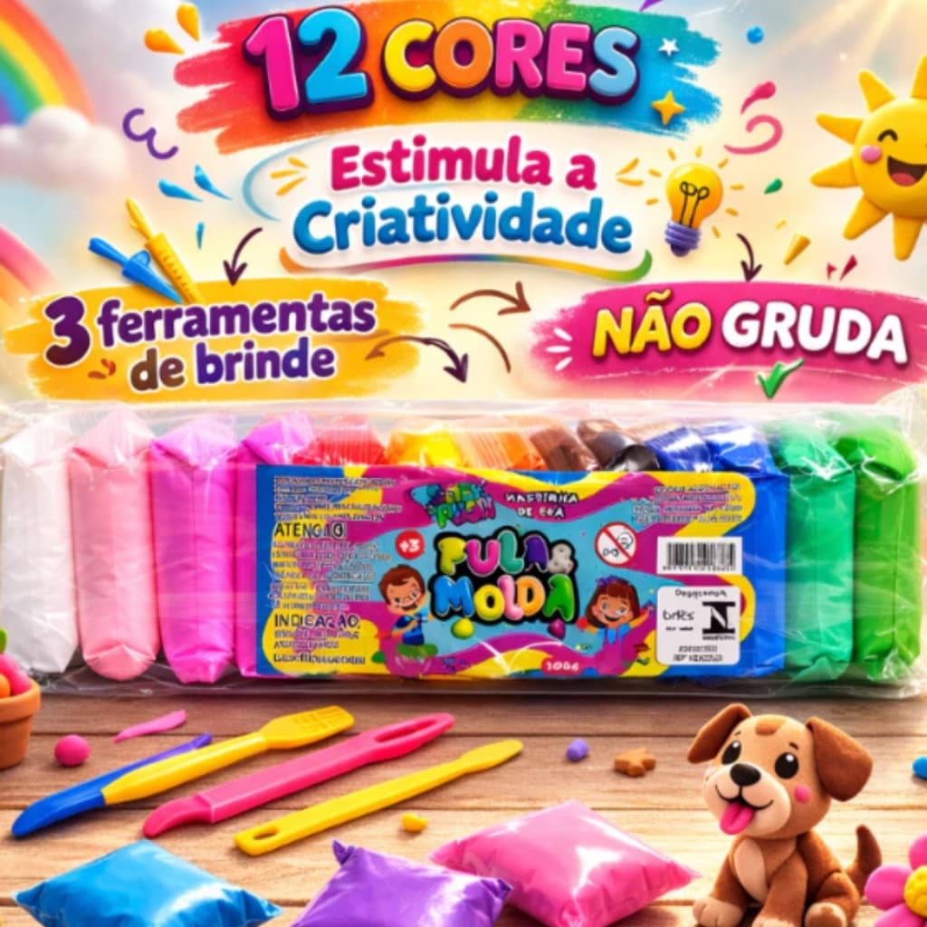 Pula & Molda Massinha Modelar EVA Stick Push 12 Cores Brinquedos para Crianças NÃO GRUDA