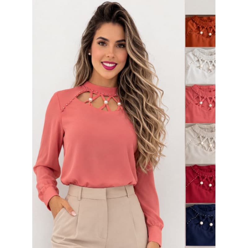 Camisa Feminina Social Manga Longa com Pérolas Elegante Moda Feminina