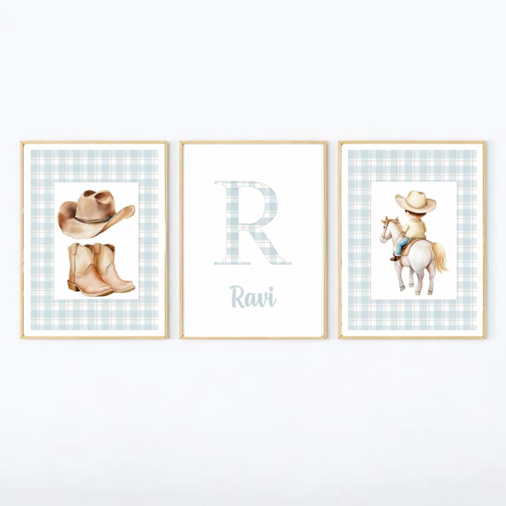 Kit 3 Quadros Infantil Fazenda Cowboy Azul Bebê Menino Personalizado com Nome Quarto