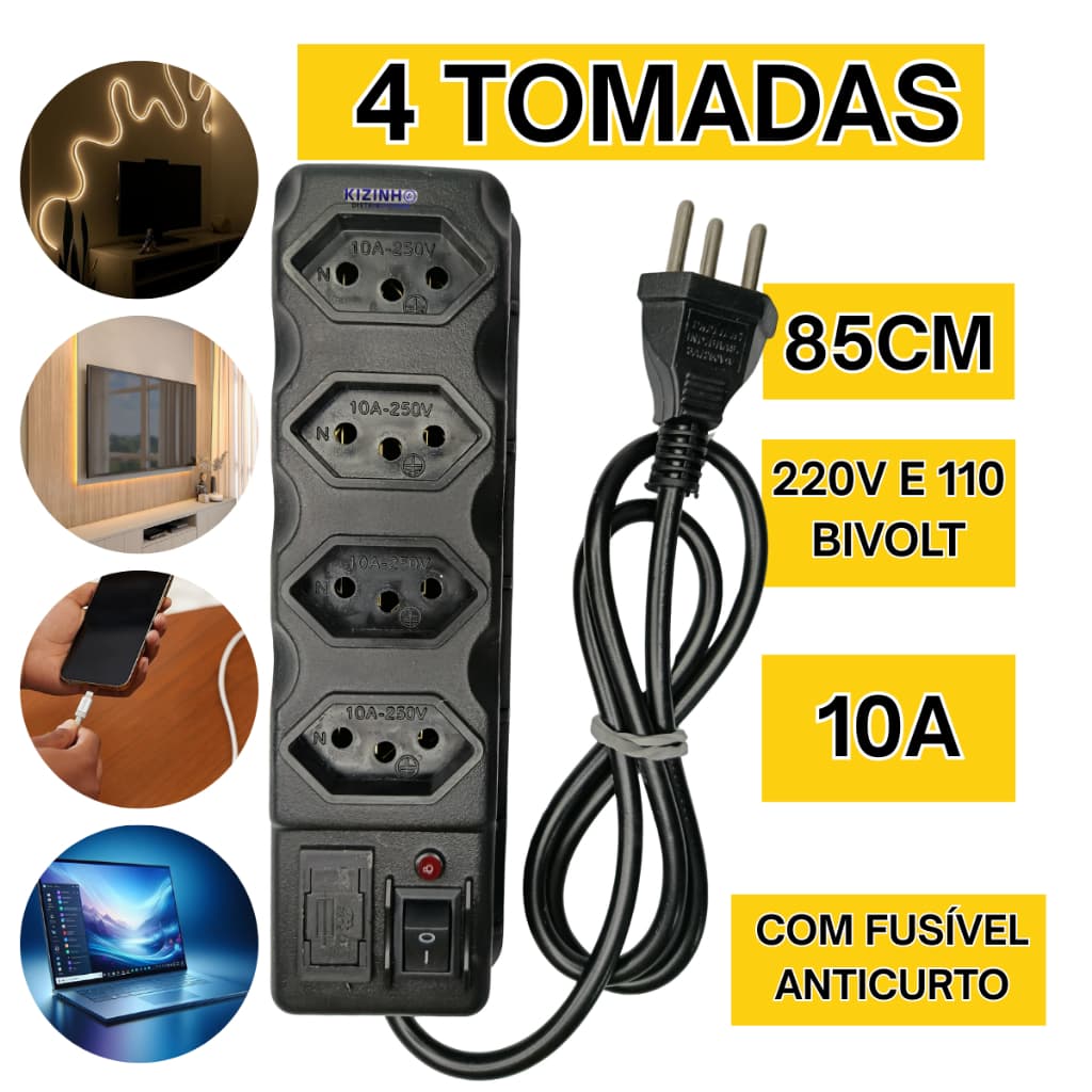 Filtro de Linha 10A com 4 Tomadas com Fusível Bivolt 110v 220v Preta