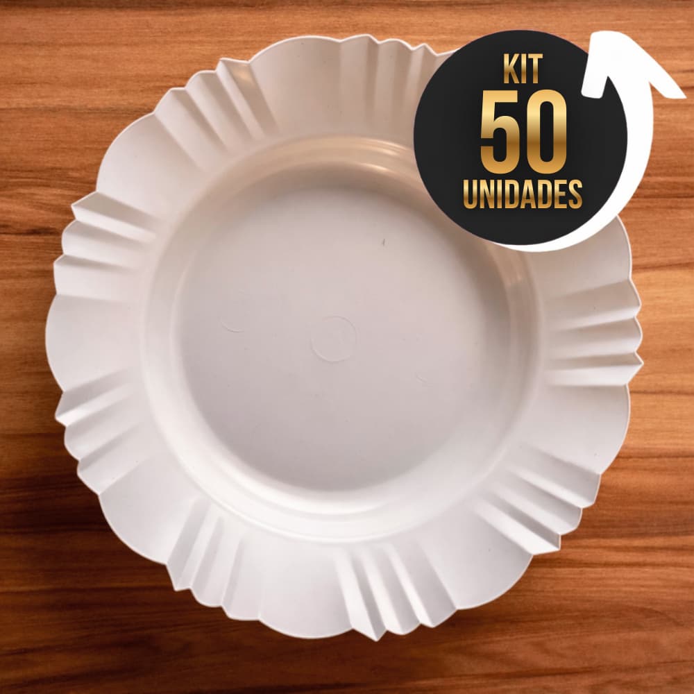 Kit 50 Pratos Fundos Redondos Branco Plástico com Borda Para Refeições
