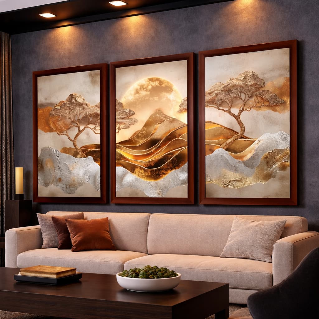 Kit 3 Quadros Decorativos Arte Moderna Oriental Paisagem Luxo Mosaico Sala Quarto Escritório
